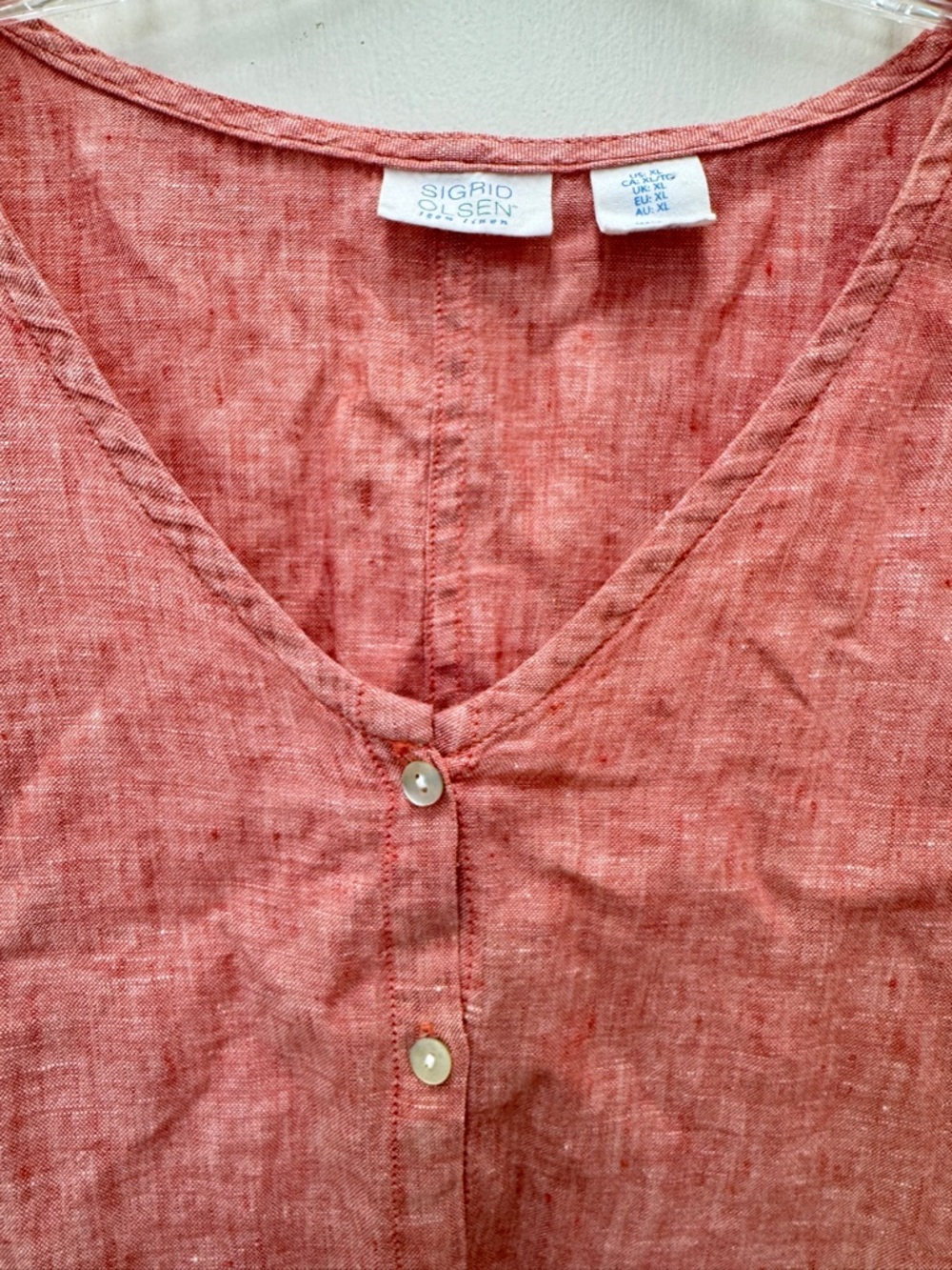 Sigrid Olsen 100% Linen Washed Coral/Red Button-Front V-Neck Top Size XL - Picture 4 of 6